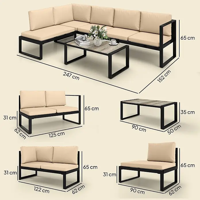 Outsunny Loungemöbel-Set - Khaki - Modulares Gartenlounge-Set aus schwarzem Metall mit beigen Kissen, L-förmig, inklusive Couchtisch. Maße sind abgebildet.