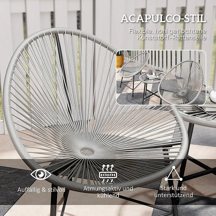 Outsunny Loungemöbel-Set - PE-Rattan, Grau - Grauer Acapulco-Stuhl mit flexiblen, hohl geflochtenen Kunststoff-Rattanseilen, ideal für den Außenbereich.