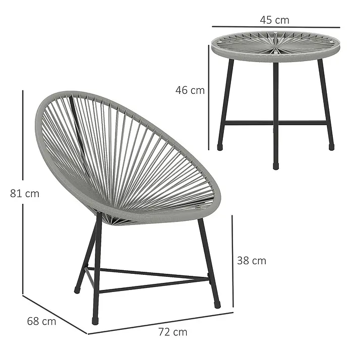 Outsunny Loungemöbel-Set - PE-Rattan, Grau - Grauer Flechtsessel (81x72x68 cm) und runder Beistelltisch (46 cm hoch, 45 cm Durchmesser) mit schwarzen Beinen.