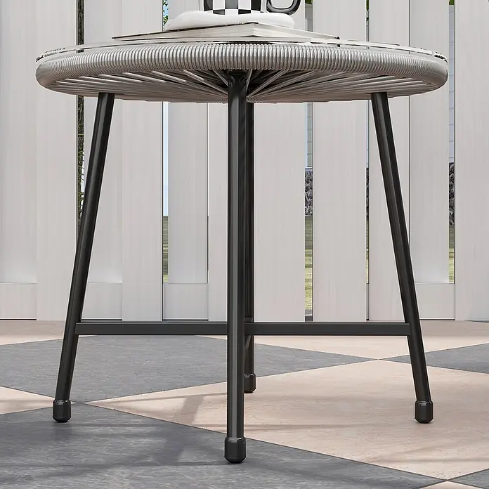 Outsunny Loungemöbel-Set - PE-Rattan, Grau - Runder Gartentisch mit grauem Geflechttischplatte und schwarzen Metallbeinen.