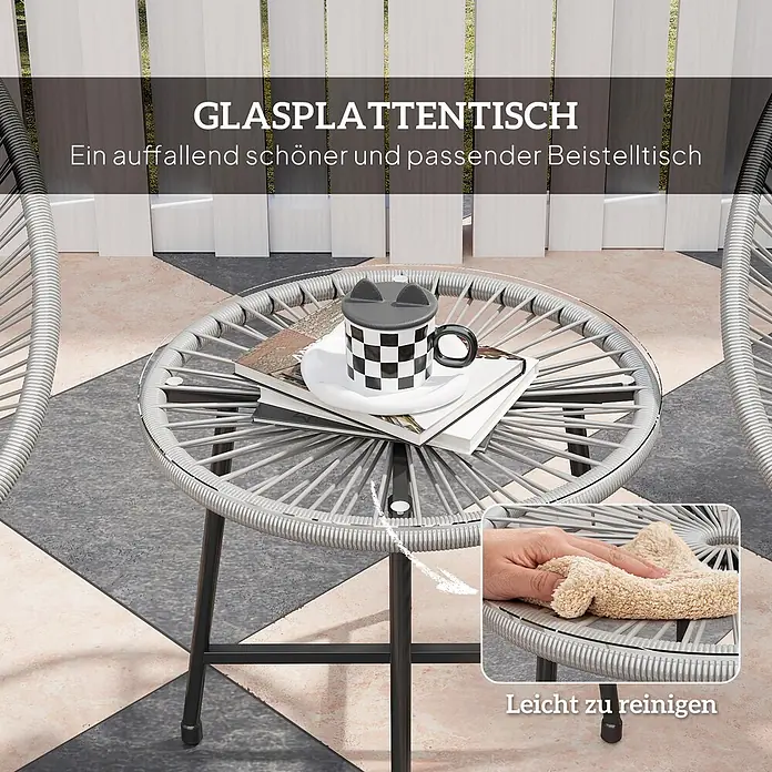 Outsunny Loungemöbel-Set - PE-Rattan, Grau - Stilvoller grauer Beistelltisch mit Glasplatte und schwarzen Beinen auf einer Terrasse. Mit robuster, leicht zu reinigender Oberfläche.