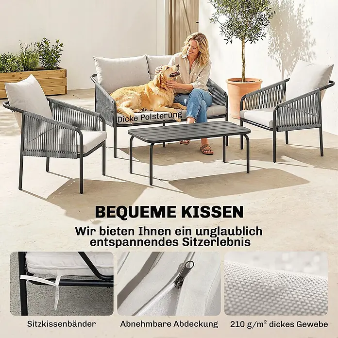 Outsunny Loungemöbel-Set mit Tisch - 4 -tlg., PE-Rattan, Khaki - Graue Outdoor-Garnitur mit dicken, hellgrauen Kissen; bestehend aus Sofa, zwei Stühlen und Couchtisch. Mit abnehmbaren Bezügen und Kissenbändern.