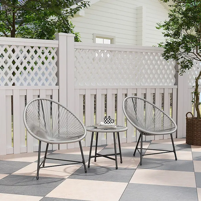Outsunny Loungemöbel-Set - PE-Rattan, Grau - Graues Outdoor-Set mit zwei Seilstühlen und einem runden Tisch, perfekt für Entspannung auf der Terrasse.