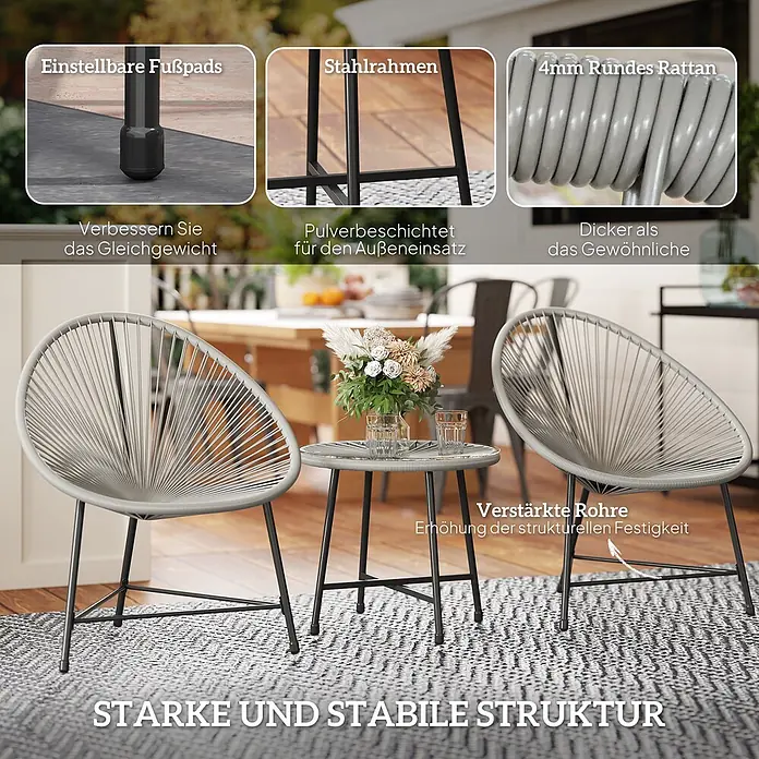 Outsunny Loungemöbel-Set - PE-Rattan, Grau - Graues Outdoor-Bistro-Set mit Acapulco-Stühlen und Tisch, pulverbeschichtetem Stahlrahmen, dickerem Rattan, verstellbaren Fußpads und verstärkten Rohren.