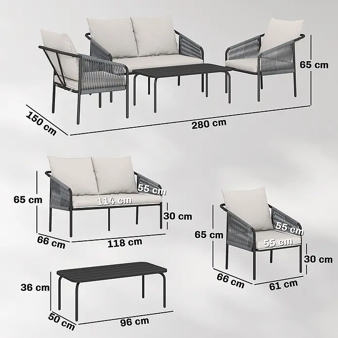 Outsunny Loungemöbel-Set mit Tisch - 4 -tlg., PE-Rattan, Khaki - Graues Outdoor-Möbelset mit hellen Kissen und schwarzen Metallrahmen, bestehend aus Zweisitzer-Sofa, zwei Sesseln und einem Latten-Couchtisch, mit Maßen.