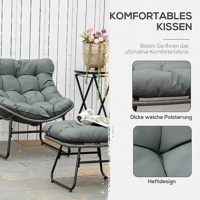 Outsunny Loungemöbel-Set - PE-Rattan - Graue gepolsterte Outdoor-Lounge-Sessel mit passendem Hocker, mit dicken, weichen, getufteten Kissen für ultimativen Komfort.