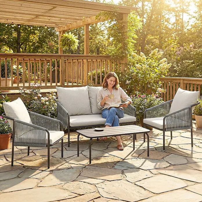 Outsunny Loungemöbel-Set mit Tisch - 4 -tlg., PE-Rattan, Khaki - Graue Outdoor-Sitzgruppe aus geflochtenem Seil mit Sofa, zwei Stühlen und Couchtisch auf Steinterrasse, Frau liest.