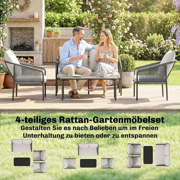 Outsunny Loungemöbel-Set mit Tisch - 4 -tlg., PE-Rattan, Khaki - Ein 4-teiliges Rattan-Gartenmöbelset in Grau auf einer Terrasse, von einem Paar genutzt. Vielseitig für Entspannung oder Unterhaltung im Freien.