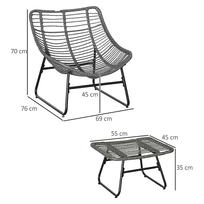 Outsunny Loungemöbel-Set - PE-Rattan - Grauer Sessel und passender Tisch aus synthetischem Rattan mit schwarzen Metallgestellen, Maße angegeben.