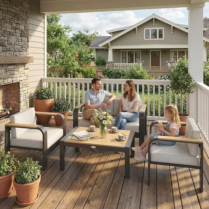 Outsunny Loungemöbel-Set - WPC, Beige - Modernes Outdoor-Lounge-Set mit dunkelgrauem Gestell, hellen Kissen, Holzoptik-Armlehnen und Tisch, von einer Familie auf der Terrasse genutzt.