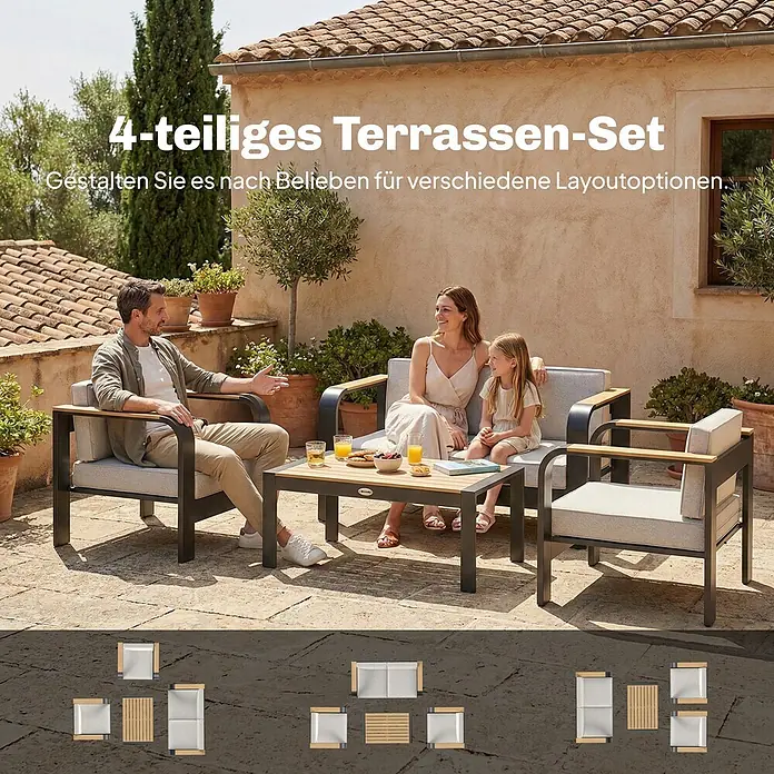 Outsunny Loungemöbel-Set - WPC, Beige - 4-teiliges Terrassen-Set mit 2 Sesseln, Sofa und Kaffeetisch. Dunkelgraue Gestelle, helle Kissen, Holzdetails. Vielseitig nutzbar auf der Terrasse.