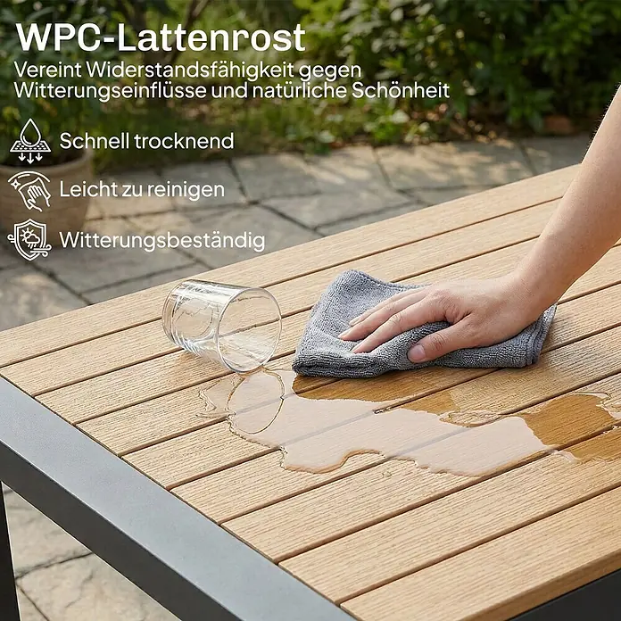 Outsunny Loungemöbel-Set - WPC, Beige - WPC-Lattenrost in Holzoptik. Eine Hand wischt verschüttetes Wasser von der wetterfesten und leicht zu reinigenden Tischplatte.