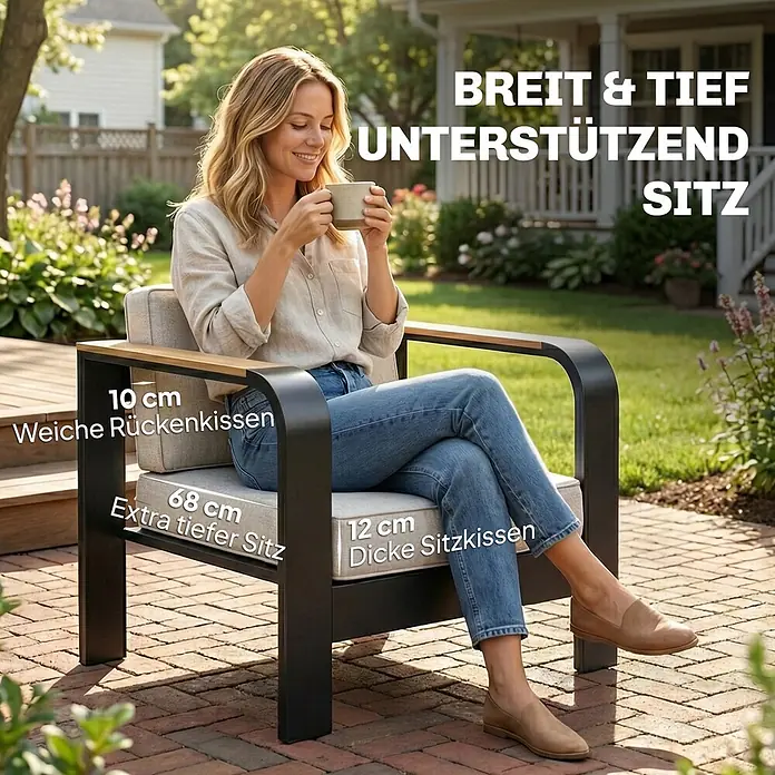 Outsunny Loungemöbel-Set - WPC, Beige - Frau entspannt in schwarzem Metall-Gartensessel mit hellen Kissen und Holzarmlehnen auf Terrasse. Betont breite, tiefe Sitzfläche.
