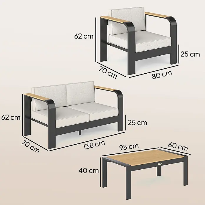 Outsunny Loungemöbel-Set - WPC, Beige - Dimensioniertes Outdoor-Loungeset mit dunkelgrauem Metallrahmen, hellen Holzapplikationen und hellen Kissen, bestehend aus Sessel, 2er-Sofa und Couchtisch.