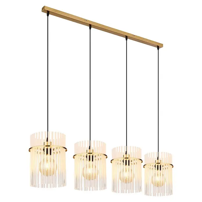 Globo Pendelleuchte Gorley - 60 W, L x B x H: 1.100 x 200 x 1.400 mm, E27 - Goldene Linear-Hängeleuchte mit vier Pendellampen, klaren vertikalen Stabschirmen und warmen Glühbirnen.