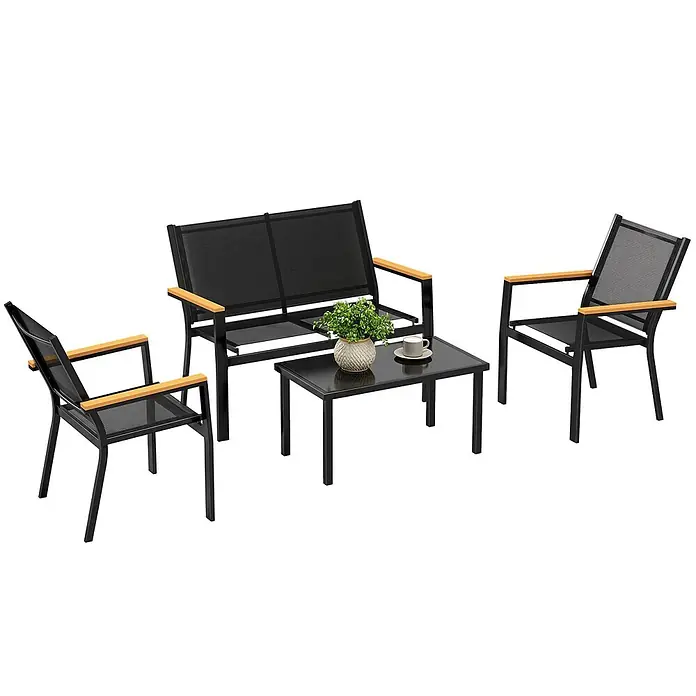Outsunny Loungemöbel-Set - Texteline, Schwarz - Vierteiliges Outdoor-Set: schwarzes Metallgestell, Netzsitze, helle Holzarmlehnen; umfasst Sofa, zwei Stühle, Couchtisch.