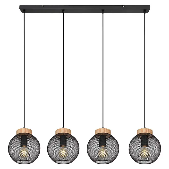 Globo Pendelleuchte Pablo - 40 W, L x B x H: 950 x 200 x 1.200 mm, E27 - Schwarze Metall- und Naturholz-Pendelleuchte mit vier Lichtern, Gitterlampenschirmen und warmweißen Glühbirnen.