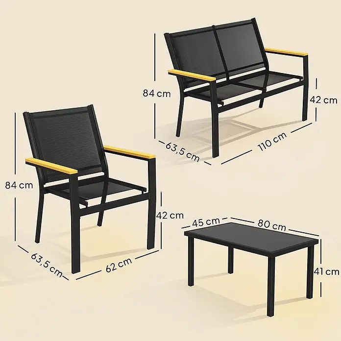 Outsunny Loungemöbel-Set - Texteline, Schwarz - Schwarzes und gelbes Gartenmöbel-Set (Stuhl, Bank, Tisch) mit Maßen.