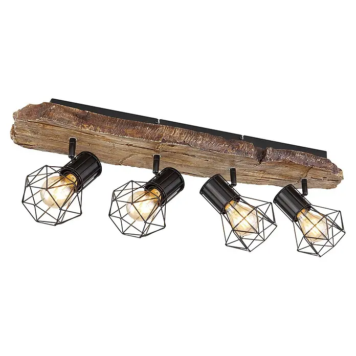 Globo Deckenstrahler Priska - 60 W, L x B x H: 780 x 150 x 240 mm, E27 - Vierflammige Deckenleuchte mit rustikalem Holzbalken und schwarzen Metallkäfig-Strahlern mit leuchtenden Edison-Glühbirnen.