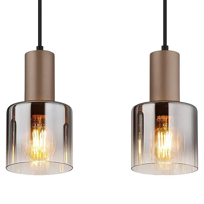 Globo Pendelleuchte Walton - 40 W, L x B x H: 780 x 120 x 1.500 mm, E27 - Zwei moderne Pendelleuchten mit gebürsteten Bronze-Akzenten und gerippten Rauchglas-Schirmen, mit warmen Edison-Glühbirnen.