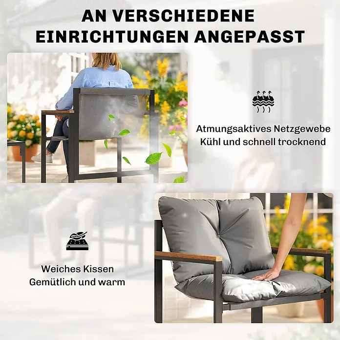 Outsunny Loungemöbel-Set - Grau - Gartenstuhl mit atmungsaktiver Netzrückenlehne für kühlende Luftzirkulation und weichem, grauem Kissen für Komfort und Wärme.