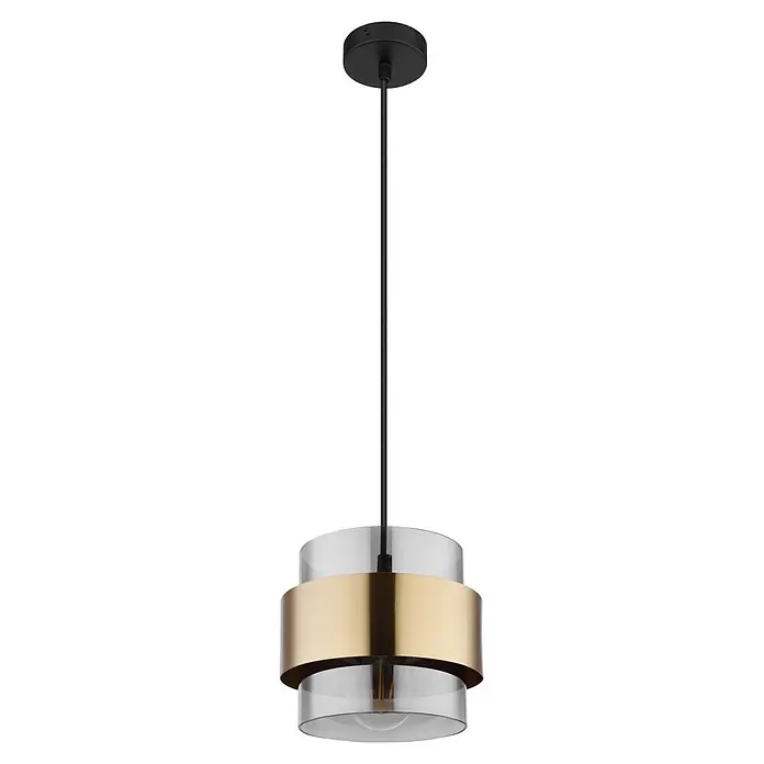 Globo Pendelleuchte Milley - 60 W, Ø x H: 18 x 120 cm, E27 - Schwarze und goldene Pendelleuchte mit klarem Glasschirm und sichtbarer Glühbirne.