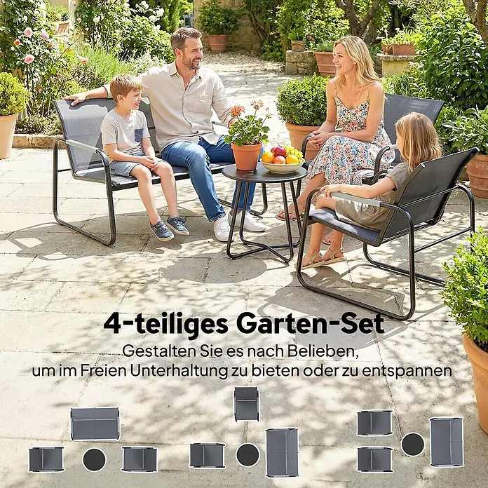 Outsunny Loungemöbel-Set - Verzinkter Stahl, Netzstoff, Grau - Eine Familie entspannt auf einem dunkelgrauen 4-teiligen Garten-Set, bestehend aus zwei Stühlen, einer Bank und einem kleinen Tisch, im Freien.