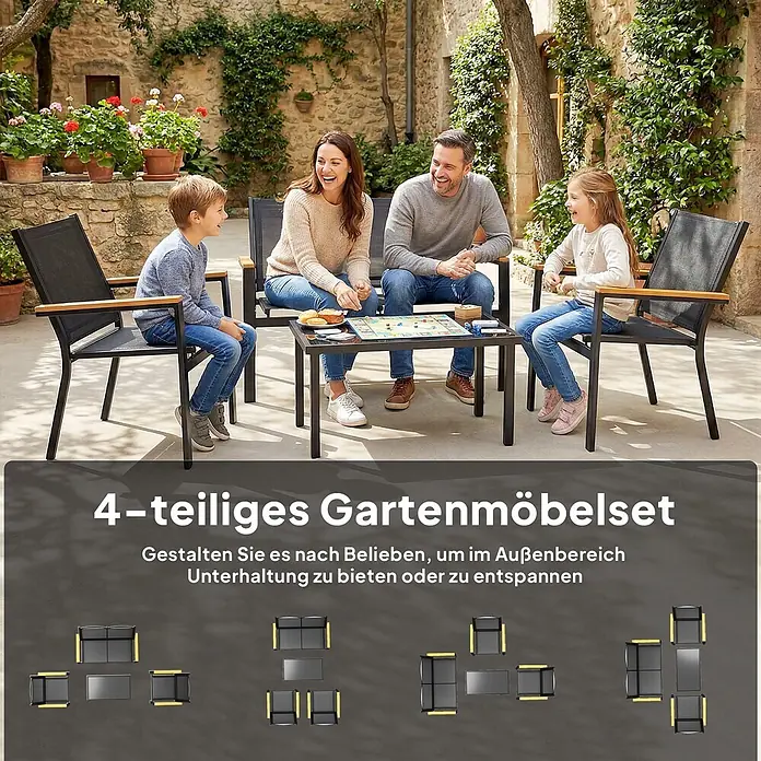 Outsunny Loungemöbel-Set - Texteline, Schwarz - Vierteiliges schwarzes Gartenmöbelset mit Holzakzenten, bestehend aus Tisch, Bank und zwei Stühlen, im Gebrauch.