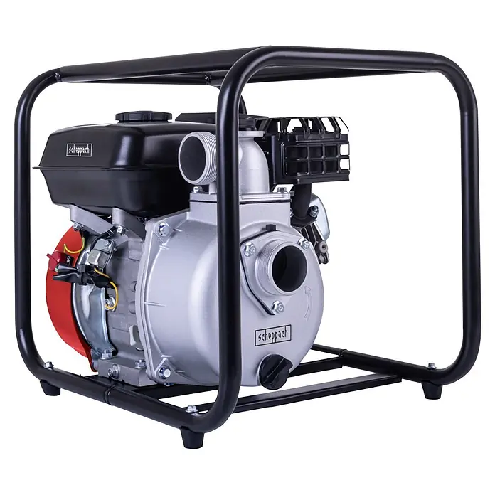 Scheppach Benzin-Pumpe PWP32 - 3,9 kW, Max. Fördermenge: 32.000 l/h - Tragbare motorbetriebene Wasserpumpe mit schwarzem Rahmen, schwarzem Tank, silbernem Pumpengehäuse und roten Akzenten.