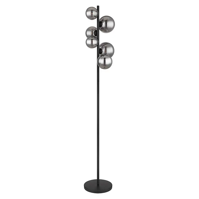 Globo Riha LED-Stehleuchte - 3,5 W, Höhe: 155 cm, Warmweiß - Schwarze Stehleuchte mit fünf kugelförmigen, reflektierenden Rauchglas-Schirmen.
