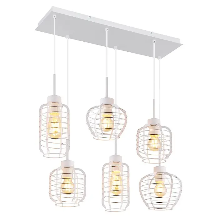 Globo Pendelleuchte Nesa - 60 W, L x B x H: 775 x 330 x 1.200 mm, E27 - Weiße industrielle Deckenleuchte mit sechs leuchtenden Käfigbirnen.
