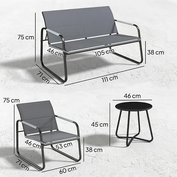 Outsunny Loungemöbel-Set - Verzinkter Stahl, Netzstoff, Grau - Graue Outdoor-Lounge-Set: 2er-Bank, Einzelsessel, runder Beistelltisch, schwarze Metallrahmen und alle Maße.