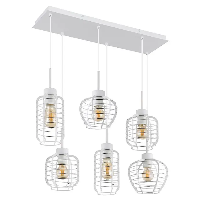 Globo Pendelleuchte Nesa - 60 W, L x B x H: 775 x 330 x 1.200 mm, E27 - Weiße rechteckige Deckenleuchte mit fünf Pendelleuchten, jede mit weißem Metallkäfig und einer Edison-LED-Birne.