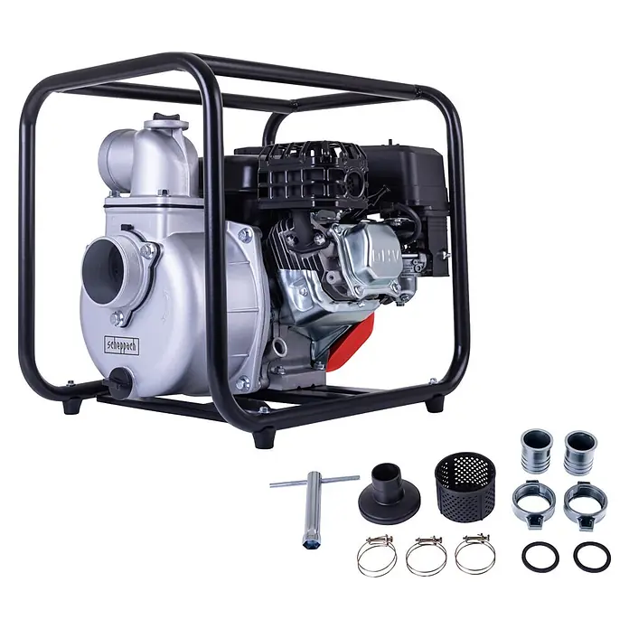 Scheppach Benzin-Pumpe PWP60 - 3,9 kW, Max. Fördermenge: 60.000 l/h - Motorbetriebene, tragbare Wasserpumpe in Silber und Schwarz mit Schutzrahmen und wichtigem Anschlusszubehör.