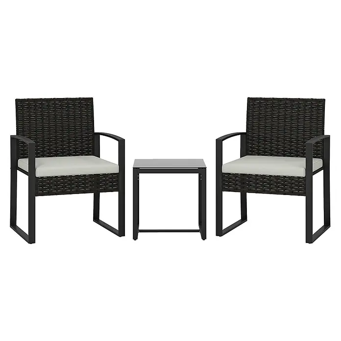 Outsunny Loungemöbel-Set - PE-Rattan, Cremeweiß - Dunkelbraunes Rattan-Bistro-Set mit zwei Stühlen, hellen Polstern und Glastisch.