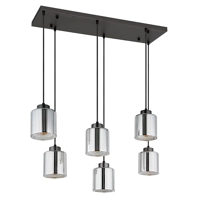Globo Pendelleuchte Felicia - L x B x H: 830 x 300 x 1.200 mm, 60 W, E27 - Sechsflammige moderne Hängeleuchte mit dunklem rechteckigem Metallfuß und gerippten Klarglasschirmen.