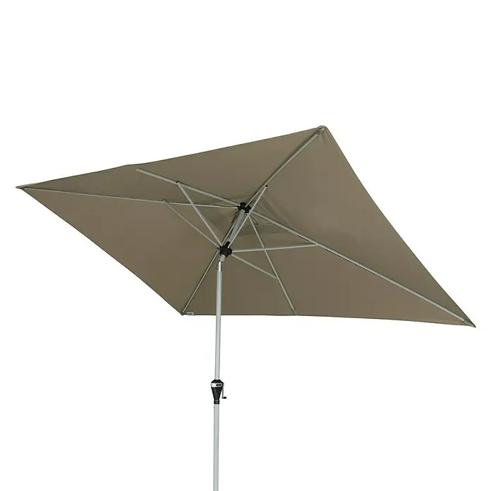 Doppler Active Marktschirm Auto Tilt - Greige, Bespannungsmaß (L x B): 300 x 200 cm - Ein quadratischer Sonnenschirm in Taupe mit silberfarbenem Gestell bietet Schatten und Schutz vor der Sonne im Freien.
