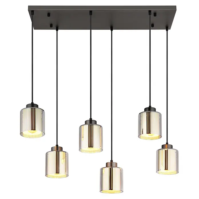 Globo Pendelleuchte Felicia - L x B x H: 830 x 300 x 1.200 mm, 60 W, E27 - Sechsflammige moderne Pendelleuchte mit schwarzem rechteckigem Sockel und geriffelten Glaszylinderschirmen.