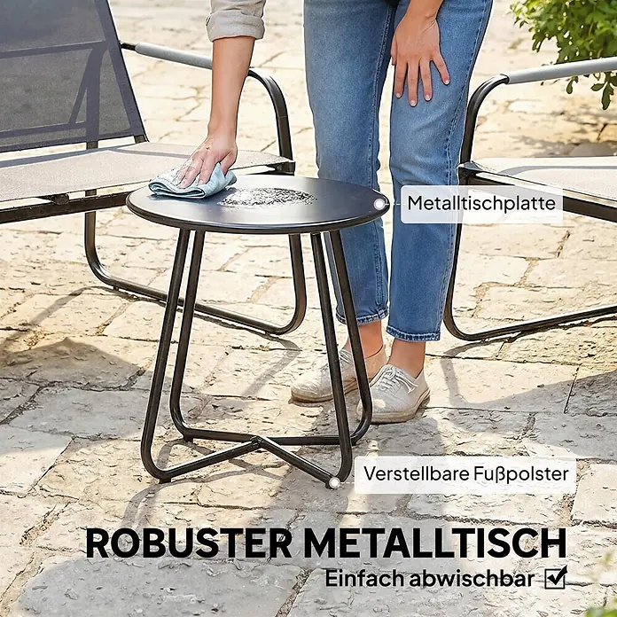 Outsunny Loungemöbel-Set - Verzinkter Stahl, Netzstoff, Grau - Dunkelgrauer Metall-Gartentisch wird abgewischt, hebt seine pflegeleichte Oberfläche und verstellbare Füße hervor.