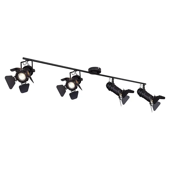 Globo Deckenstrahler Egon - 50 W, L x B x H: 1.250 x 180 x 265 mm, GU10 - Schwarze Stromschiene mit vier Scheinwerfern, davon zwei beleuchtet und mit verstellbaren Flügelbegrenzern ausgestattet.