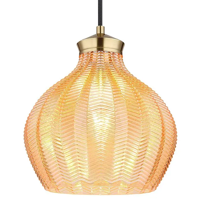 Globo Pendelleuchte Jessica - Höhe: 1.200 mm, 60 W, E27 - Pendelleuchte aus bernsteinfarbenem strukturiertem Glas mit Messingfassung.