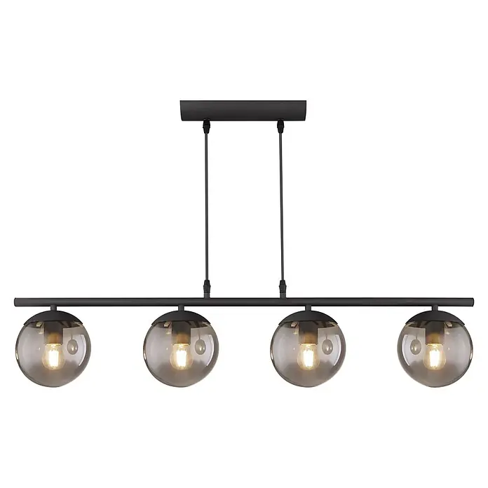 Globo Pendelleuchte Blama - L x B x H: 90 x 15 x 120 cm, Schwarz - Schwarze lineare Pendelleuchte mit vier Rauchglas-Kugelschirmchen, die Glühfadenbirnen zeigen.