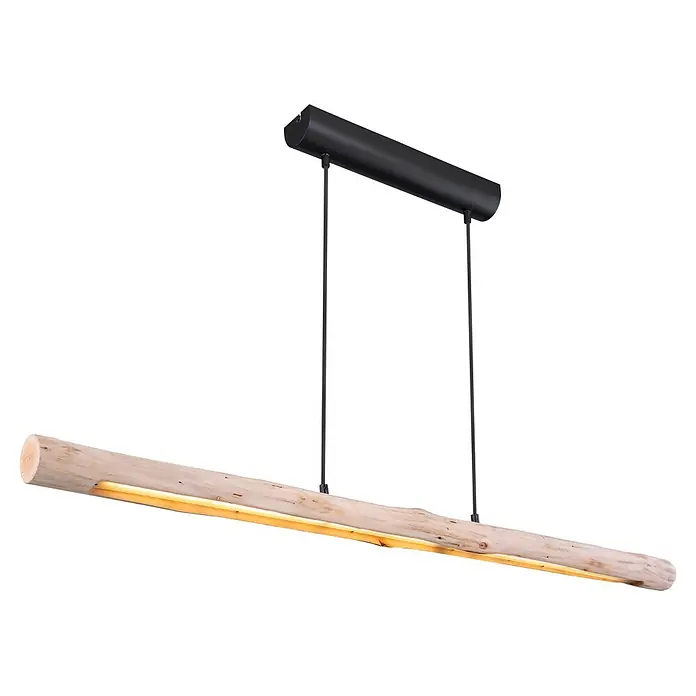 Globo LED-Pendelleuchte Tulivar - 25 W, L x B x H: 1.200 x 80 x 1.500 mm - Hängelampe mit schwarzem zylindrischem Baldachin und Naturholzstamm mit integriertem warmem LED-Licht, an zwei Kabeln hängend.