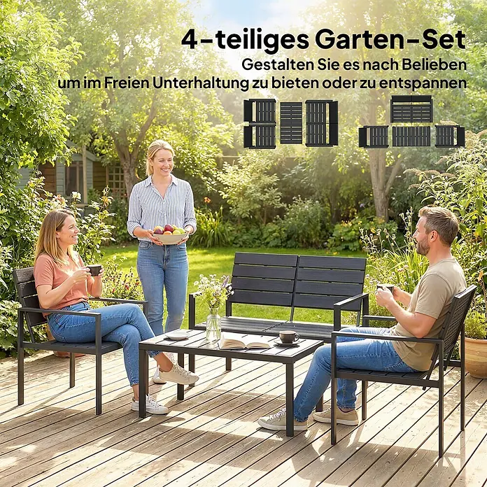 Outsunny Loungemöbel-Set - Polyethylen hoher Dichte (PE‑HD), Schwarz - 4-teiliges dunkelgraues Gartenmöbel-Set mit 2 Stühlen, 1 Bank, 1 Tisch, auf einer Holzterrasse.