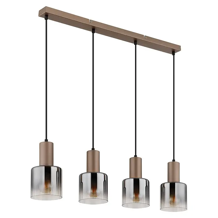 Globo Pendelleuchte Walton - 40 W, L x B x H: 780 x 120 x 1.500 mm, E27 - Lineare Pendelleuchte mit vier bronzefarbenen Fassungen und Rauchglas-Schirmen, mit LED-Glühbirnen.