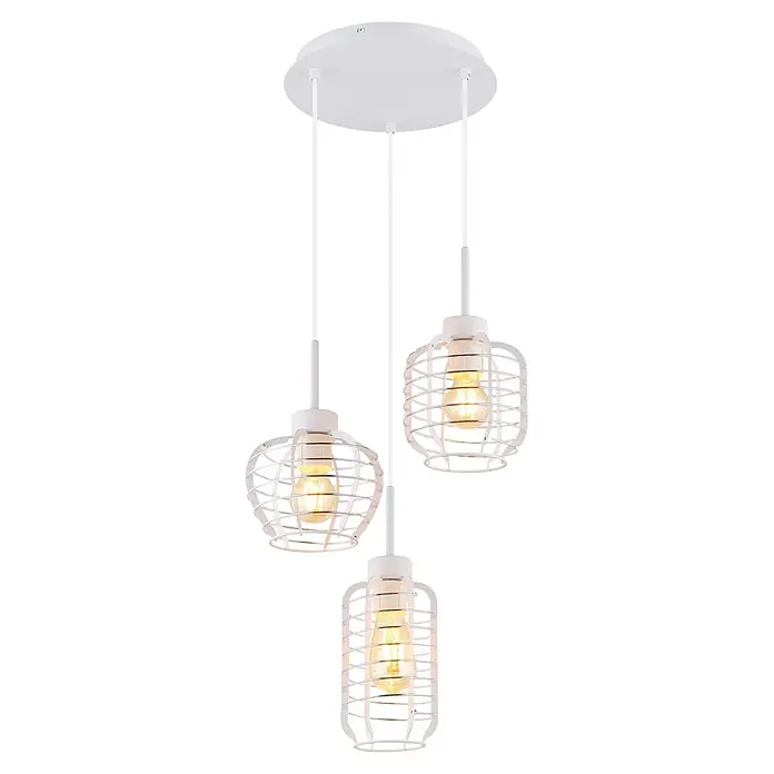 Globo Pendelleuchte Nesa - 60 W, Ø x H: 375 x 1.200 mm - Weiße Dreifach-Pendelleuchte mit Metallkäfig-Schirmen und sichtbaren Glühbirnen, an einer weißen Deckenplatte befestigt.