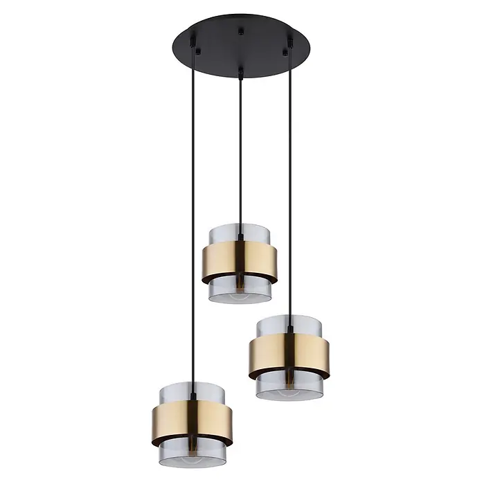 Globo Pendelleuchte Milley - 60 W, Gold, Schwarz, E27 - Dreiflammige Pendelleuchte mit schwarzer Deckenplatte und Kabeln, klaren Glasschirmen und goldenen Metallbändern.