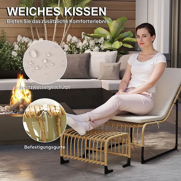 Outsunny Loungemöbel-Set - PE-Rattan, Cremeweiß - Frau entspannt auf Rattan-Liegestuhl mit weichen, wasserabweisenden beigen Kissen und Ottoman, mit Befestigungsgurten, auf einer Außenterrasse.