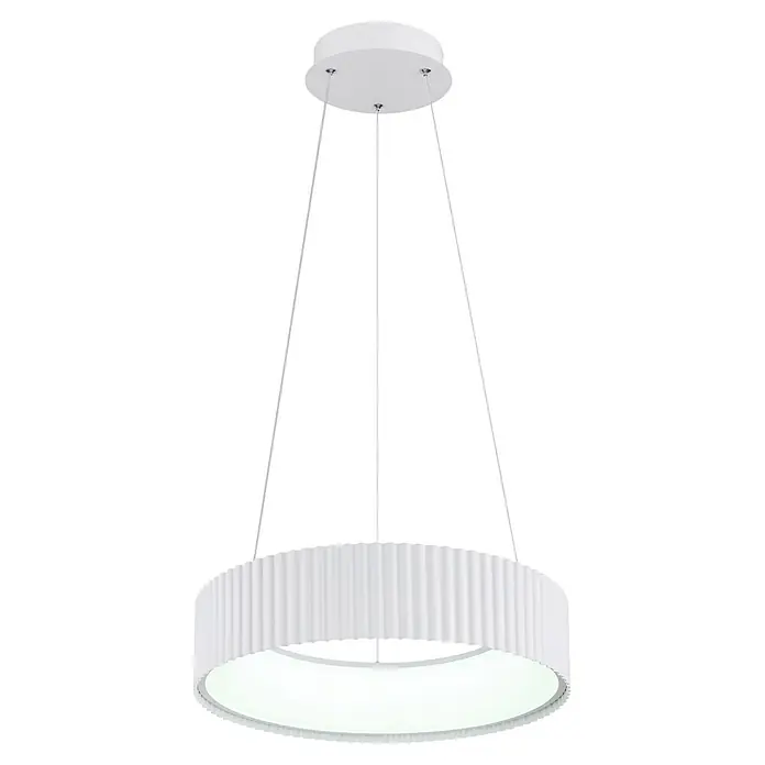 Globo LED-Pendelleuchte rund Kemp - 45 W, Ø x H: 460 x 1.200 mm, Warmweiß - Moderne weiße runde Pendelleuchte mit strukturierter Außenkante, an Seilen aufgehängt.