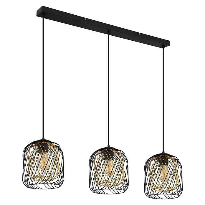 Globo Pendelleuchte Dichti - L x B x H: 840 x 180 x 1.500 mm, 40 W, E27 - Dreiflammige Pendelleuchte mit schwarzem linearem Baldachin und schwarzen, goldfarbenen Metallkäfigschirmen mit sichtbaren Glühbirnen.